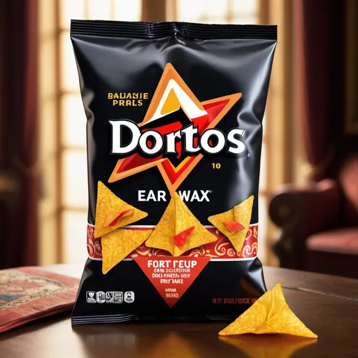 Prompt: Open bag of Ear Wax Doritos, back lit, photorealistic, on an ornate table