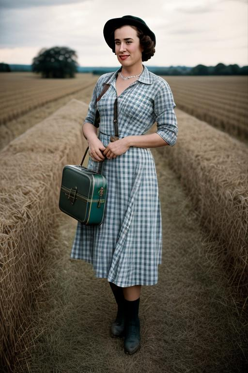 Prompt: American Depression-era WPA poster of dominatrix lesbian Victoria Goodknight standing in the middle of a rural field with a suitcase, gingham, Jewish, 1942, serious, important, funny, realism, poignant, painted by Norman Rockwell