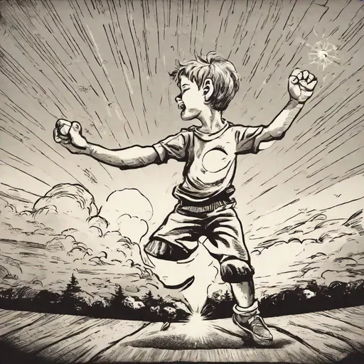 Prompt: Boy punching the Sun. 