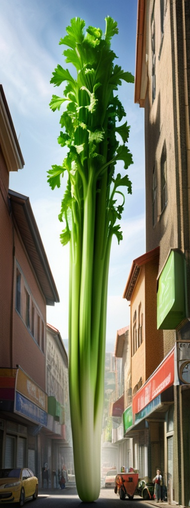 Prompt: 600 meter tall celery towering over the town.