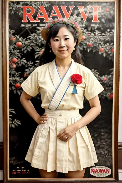 Prompt: Antique cider advertisement poster of Shonen Knife’s Naoko Yamano 1908, formal, lesbian,  modest, pretty, realism, Norman Rockwell, fashionable, 