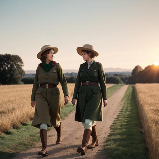 Prompt: 1919 Women’s Land Army women walking, summertime, golden hour, green jumper, brown corduroy jodhpurs, boots, hair in a kerchief, WLA, British 