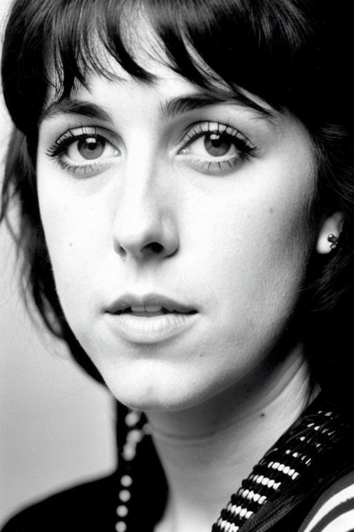 Prompt: A black and white photograph of Grace Slick. Closeup. Face. Straight black hair with streaks of gray. 1992. Photorealistic. 