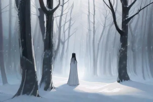 Prompt: Yuki-onna stands alone in a winter forest, bare, cold, snow