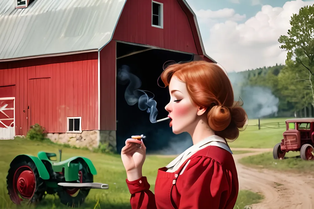 Prompt: cottagecore girl smoking behind the barn