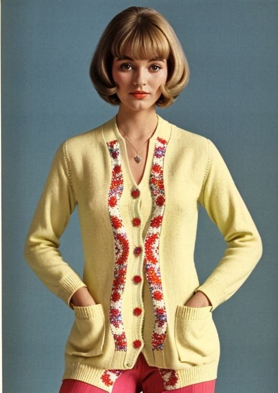 Prompt: Mod cardigan, 1968, bright patterns, midcentury, fashionable 