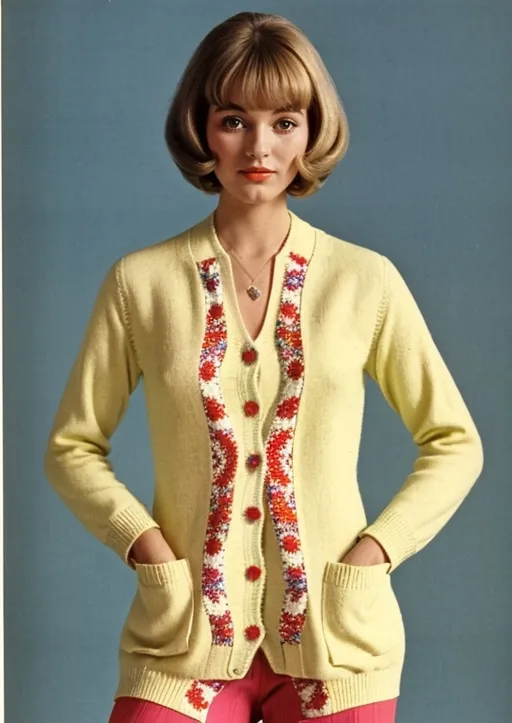 Prompt: Mod cardigan, 1968, bright patterns, midcentury, fashionable 