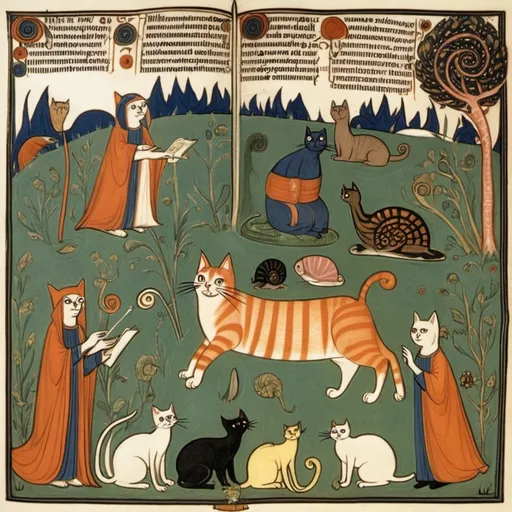 Prompt: Whelob clobp, Section ii, all frision, verses 8 through 12, illustrated by cats, snails, and 10th century women