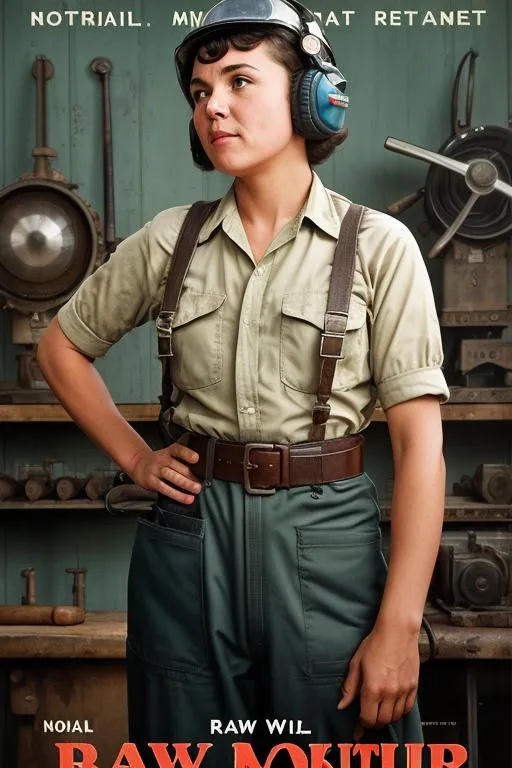 Prompt: 1942 Normal Rockwell WPA poster of airplane welder Nonon Jakuzure, serious, important, dire, inspirational, informal, lesbian, technicolor, modest, pretty, realism, Norman Rockwell, factory worker, machinery, Kill la Kill, middle-aged,  cunty, salty, bitch