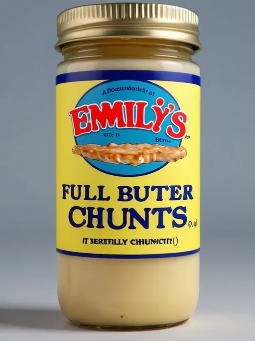 Prompt: Emily’s chunt butter in an 8 oz. jar, “It’s Literally Full of Chunts!”