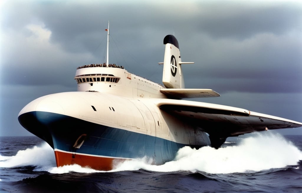 Prompt: Photo of the historic maiden voyage of the transatlantic ekranoplan HMS Mistral in 1938