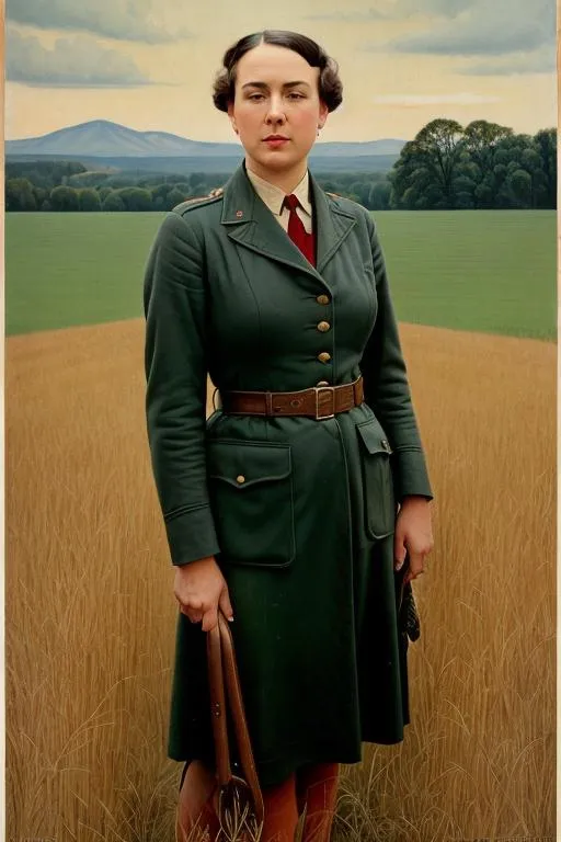 Prompt: American Depression-era WPA poster of dominatrix lesbian Queen Victoria standing in the middle of a rural field, 1942, serious, important, funny, realism, painted by Norman Rockwell