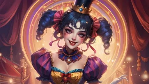 Prompt: Anime illustration of a pretty jester woman, vibrant circus background, highres, detailed eyes, detailed facial features, circus theme, colorful, atmospheric lighting, detailed legs, anime, vibrant colors, circus, detailed facial expression, professional, atmospheric lighting, victorian era