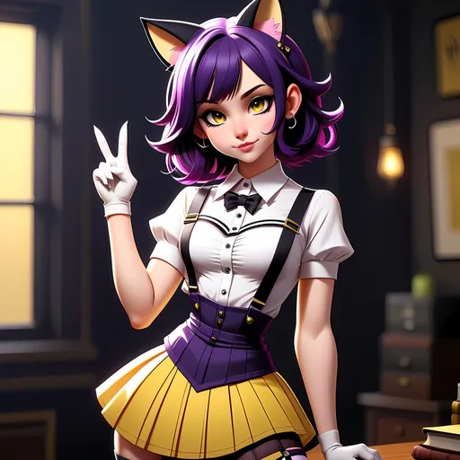 Prompt: Cute muscular anime girl with dark purple hair, wearing a top hat with cat ears a pleated black and yellow skirt and suspenders, evil smirk, 4k, ultra-detailed, dark purple hair, professional, giving the finger 