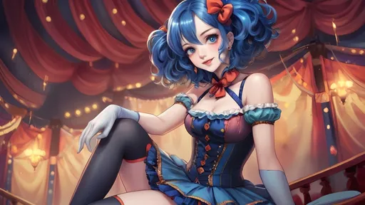 Prompt: Anime illustration of a pretty jester woman, vibrant circus background, highres, detailed facial features, detailed eyes, circus theme, detailed legs, vibrant colors, atmospheric lighting, circus, victorian era, colorful, anime, detailed hair, blue hair, two long ringlets, professional