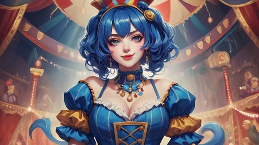 Prompt: Anime illustration of a pretty jester woman, vibrant circus background, highres, detailed facial features, detailed eyes, circus theme, detailed legs, vibrant colors, atmospheric lighting, circus, victorian era, colorful, anime, detailed hair, blue hair, two long ringlets, professional