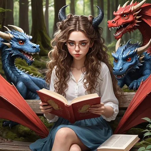 Prompt: Sketch a woman  around 18 years old with long brown  curly hair, golden glasses, big eyes.  Her hair is in a messy bun hair style. She is reading a book. Ther are three dragons surrounding her a red dragon, a black dragon and a blue dragon. She is sitting on a bench in a forrest with moss on the bench. She is wearing a long white bohemian summer dress