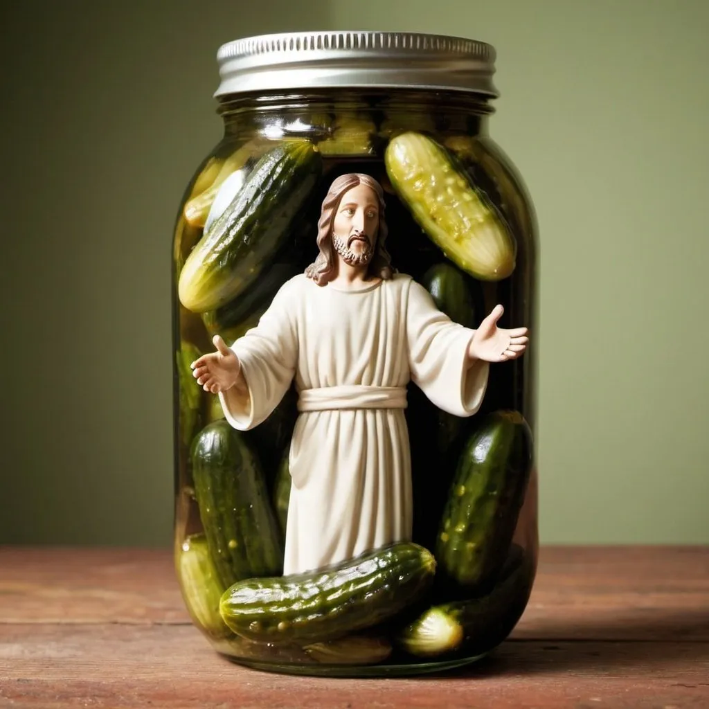 Prompt: jesus in a jar of pickles