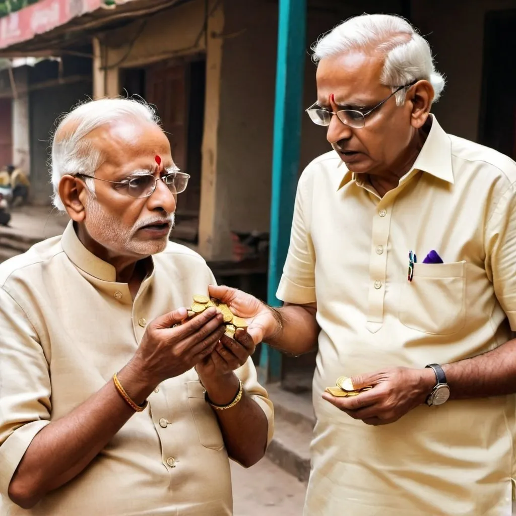 Prompt: Two Indians discussing sad situation of economic crisis in India when they realised we are pawing India's gold to avoid defaulting external payments