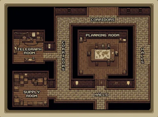 Prompt: A top‑down pixel art map (2000x1200) of a Civil War era war room complex, halls, supply room, telegraph room, planning room, and connected corridors, with labeled areas and pixel art style like a retro RPG game.
