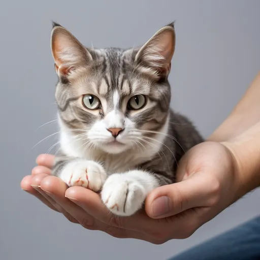 Prompt: a cat sitting in a persons hands with a gray background and a white background behind it, with a small white paw on the cat, Carlos Catasse, superflat, tiny, a stock photo