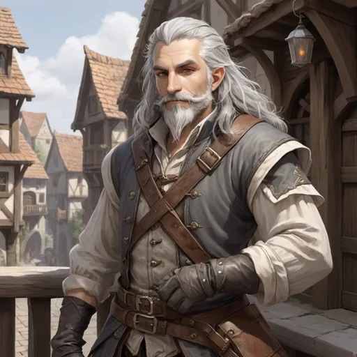 Prompt: male bard, light armor, ratfolk, town background, gray hair, long hair, gray facial hair
