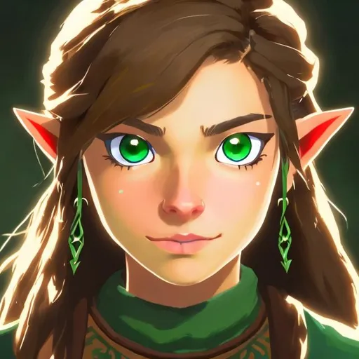 Prompt: portrait of a girl with brown hair, green eyes nose, piercing from the legend of zelda: breath of the wild
