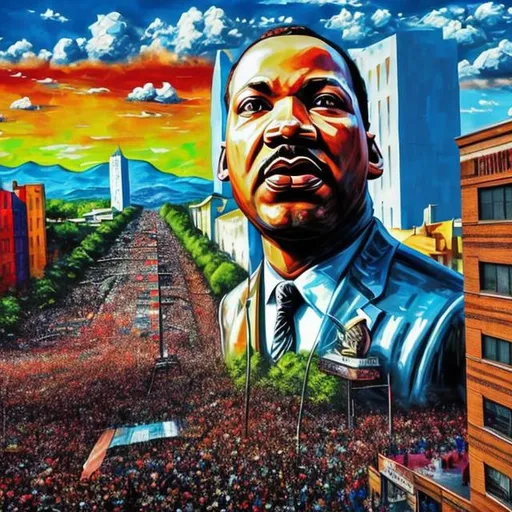 Prompt: Giant, realistic mural of Martin Luther King Jr., vibrant colors, powerful expression, photorealistic painting, outdoor mural, high resolution, impactful, inspirational, vibrant colors, celebratory atmosphere, detailed features, bold and dynamic composition, sunny and bright lighting, large scale, historical significance, patriotic, professional, outdoor mural, photorealism, celebratory, tribute, inspirational
