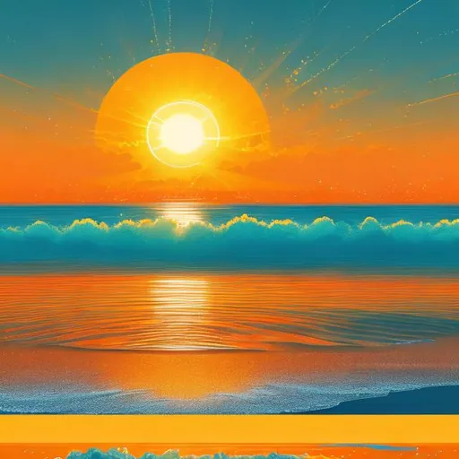 Prompt: Graphic design of sun rising over the ocean, digital illustration, calm and serene, vibrant orange and yellow hues, sparkling water, detailed sun rays, peaceful atmosphere, high quality, digital art, sunrise, ocean, serene, vibrant colors, detailed illustration, professional, atmospheric lighting