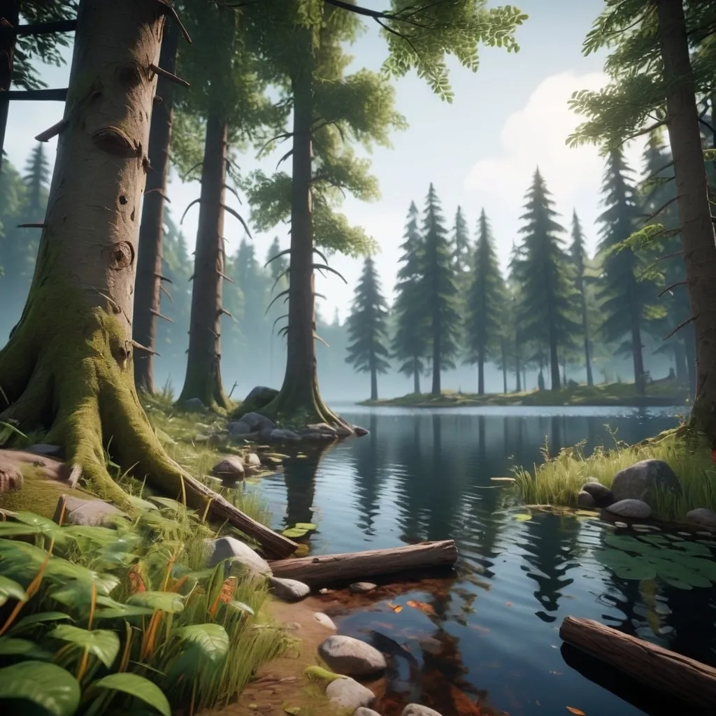 Prompt: a mysterious forest next to a lake, high quality, unreal engine