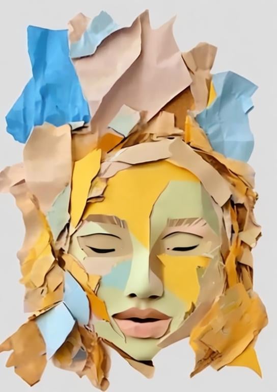 Prompt: an illustration of a girl's face made of torn pieces of paper, 
