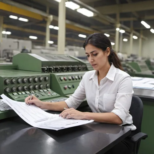 Prompt: A woman engineer sitting in a desk checking documents with a production plant as a background