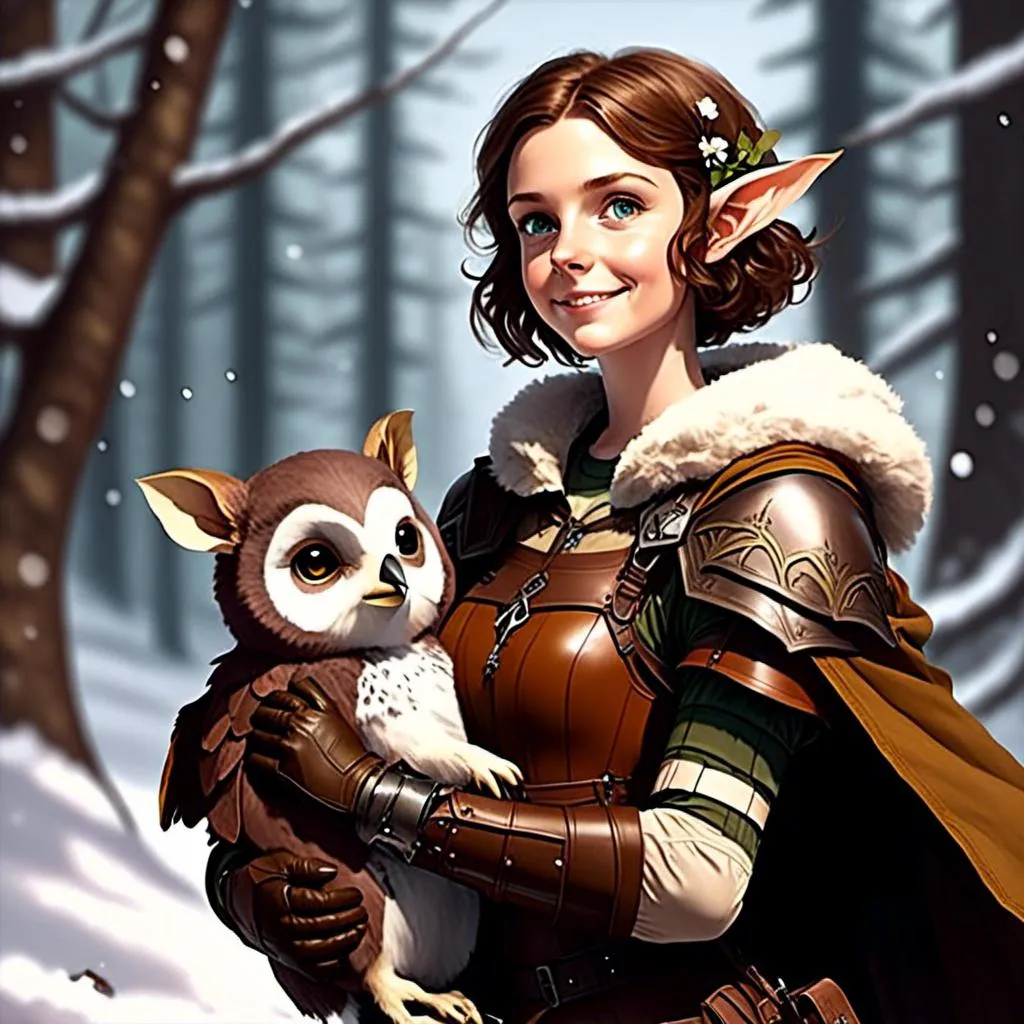 Prompt: <mymodel> 

Owlbear cub. The bear has an owl beak and feathers. The bear has an owl face. 

A small, 20-year-old, elf woman with short brown hair. She is wearing a brown leather armor. She is in a snowy forest playing with a bear cub. She is happy. The bear cub is a baby. The bear cub is a pet. 

4k, 8k, high quality, dungeons and dragons art, dramatic lighting, hyperrealistic 