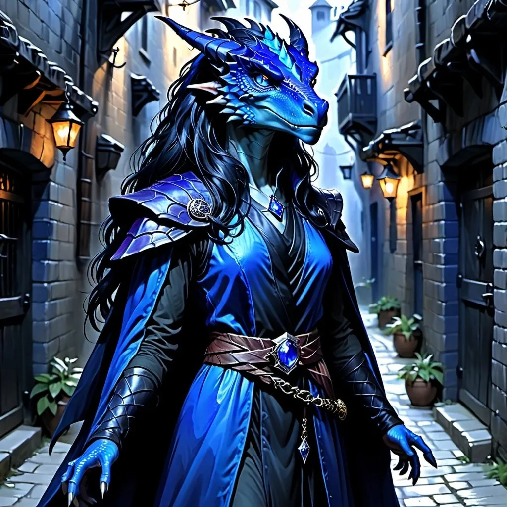 Prompt: An indigo blue gem Dragonborn woman with long black hair. Her hair is shaved in one side. She is tall. Wearing a black robe. She has translucent dark blue scales.  Standing in an alley. Stern looking. Slender. 

Dungeons and dragons, 4k, dramatic lighting