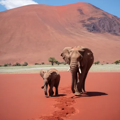 Prompt: a photo of an elephant and a baby elephant walking on red sand and a mountain in the background
