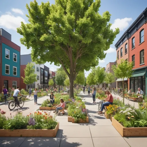 Prompt: A vibrant urban street transformed into a lush garden with large trees, flowering plants, and a diverse group of residents enjoying the space. The scene includes people gardening, children playing, and neighbors chatting on benches, with sustainable transport options like bicycles in the background.