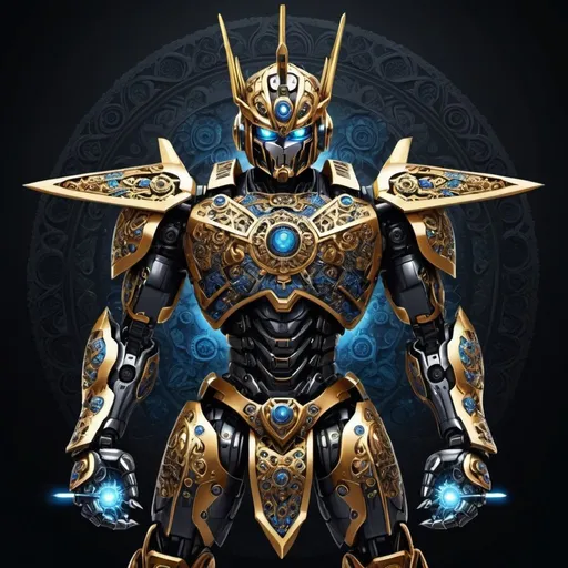 Prompt: need look like transformer robot,
look like very brave and actractive,
use black for full body and use golden shine mandala art for full body ,use eyeball for shiny blue colour . the robot rising a sword like a king. the sword wanna be ; very shiny and sharp , look like the hilt of the sword made in ice and sword blade made in lava, use mandala art for hilt of the sword , use black colour mandala art for blade.
the back ground wanna look like the robot standing top of the mountain and wanna see a forest from a distance. the robot look like very super powerful,and brave.