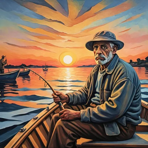 Prompt: A fisherman looking at the viewer from a boat with a sunset sky in a painting format like Picasso style. 