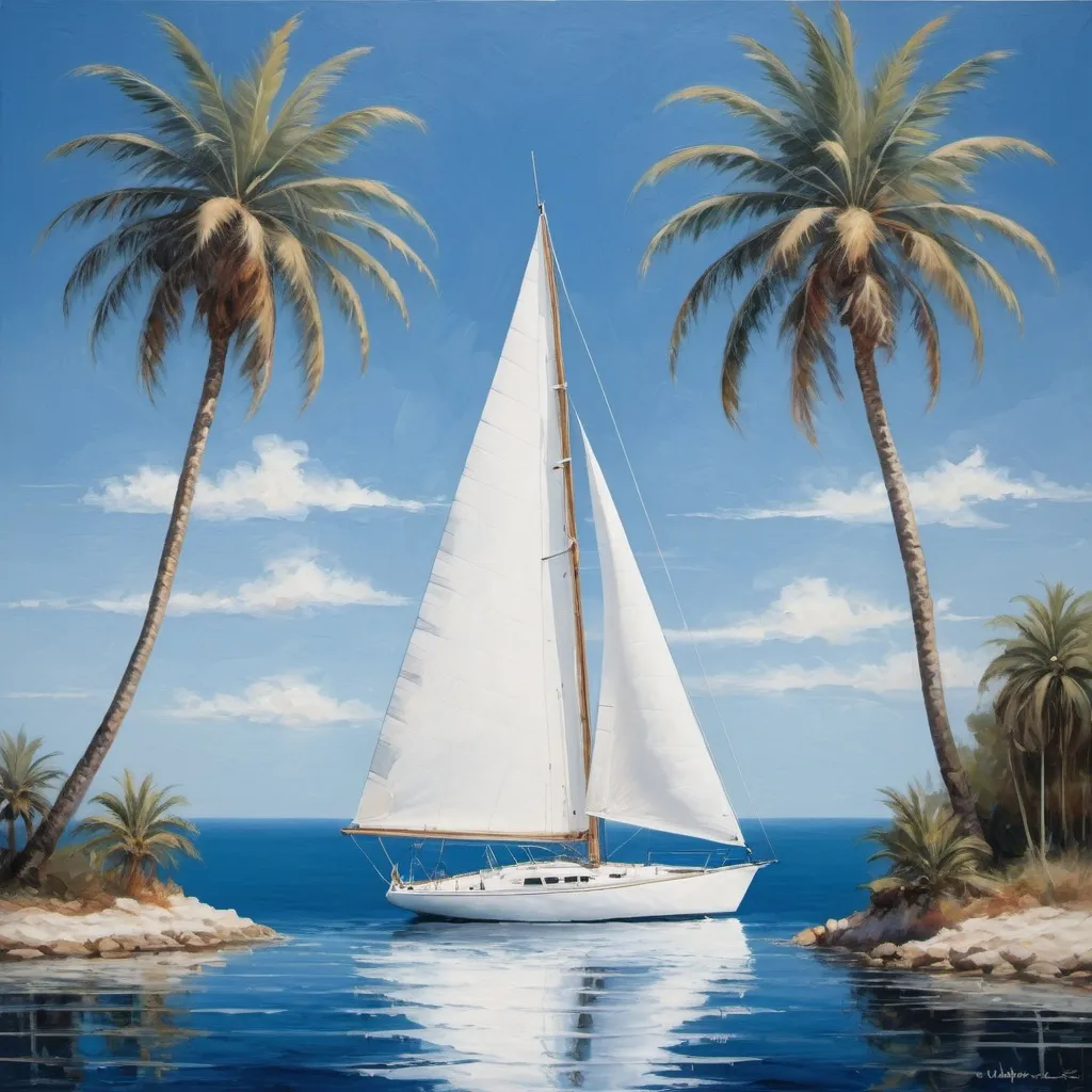 Prompt: A modern style painting of a white sailboat on blue waters with a blue sky, between palm trees.