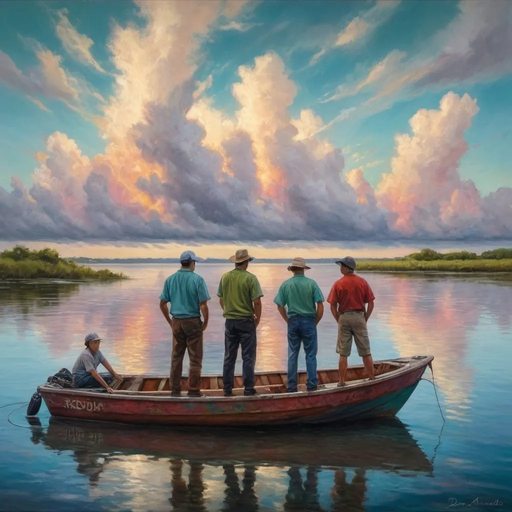 Prompt: a group of people standing next to a boat on a body of water with a cloudy sky in the background, Dave Arredondo, ecological art, saturated colors, an impressionist painting