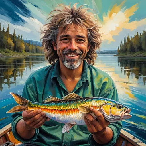 Prompt: A fisherman is holding up his fish. He is proudly smiling and has shaggy hair. He is on a boat on a lake. In a painting style expressionist. 