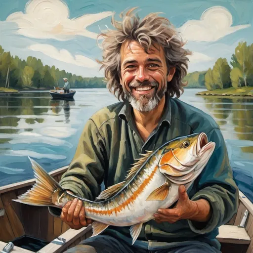 Prompt: A fisherman is holding up his fish. He is proudly smiling and has shaggy hair. He is on a boat on a lake. In a painting style expressionist. 