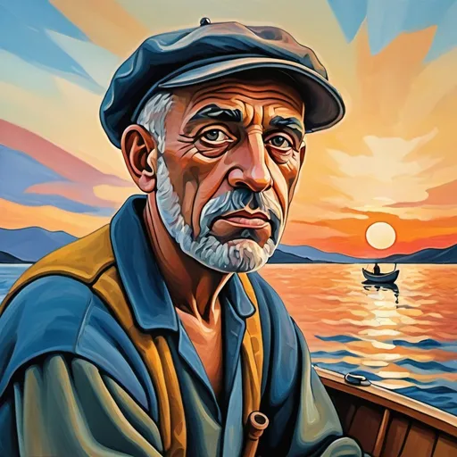 Prompt: A fisherman looking at the viewer from a boat with a sunset sky in a painting format like Picasso style. 