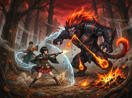 Prompt: An Edo-period Japanese forest at late afternoon beneath a dark, ominous red sky. Wind moves through tall trees as drifting leaves and dust catch moody cinematic light. Dramatic shadows and supernatural tension fill the clearing. @kf4VAhVx8HMwgNib1BAW aims her musket at the towering @ebH7UZDg3JqUVBlPofeS who is physically much larger and more aggressive than her and has a glowing red fiery mohawk running from his head down his back to the tip of his tail, moves around attacking with his sharp claws and spitting fiery balls of lava at her as she evades his attacks (while constantly looking at him). She fires a few shots, but her aim is off. Mood: suspenseful, intense, supernatural, dramatic, cinematic. @b8vYYCGfPDrsoaJbOogA is supporting her in the background by using his water elemental-based powers to attack the ape from behind and provide her with some protective cover.