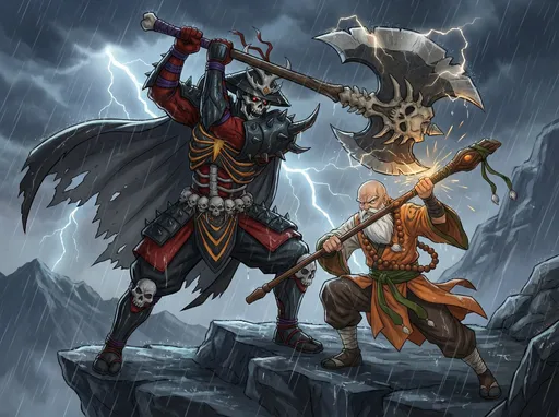 Prompt: @z6ME08u4y4F8zbiotPeU is fighting @q4HH777uEVCnGscBkSGQ in a rainstorm on top of a mountain. @z6ME08u4y4F8zbiotPeU is using his huge bone-carved battle axe while @q4HH777uEVCnGscBkSGQ is defending with his Shakujo staff (but being overpowered by his enemy). @z6ME08u4y4F8zbiotPeU liiks much bigger, bulkier, and more menacing in the frame (and his battle axe is huge) as he towers over @q4HH777uEVCnGscBkSGQ 