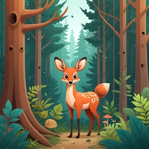 Prompt: create an AI CARTOON image of forest and wild life 
