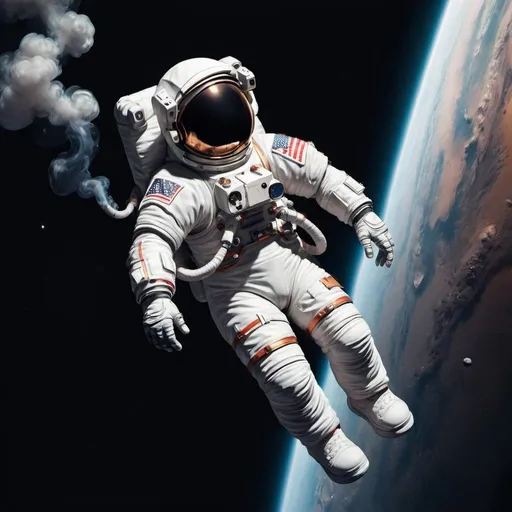 Prompt: full body floating astronaut smoking in the outer space