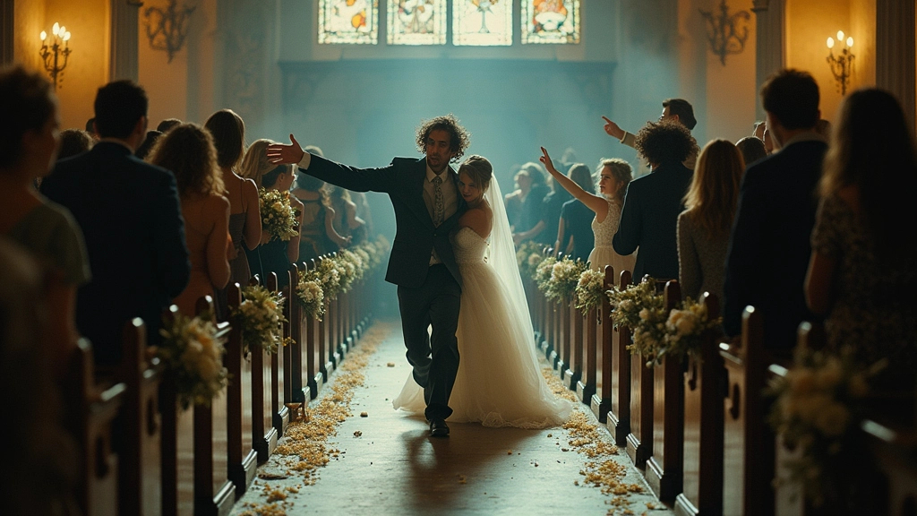 Prompt: "A chaotic wedding ceremony in a church, a desperate man (30s, messy hair, wearing old clothes) running down the aisle, pointing at the bride. Guests gasping, flowers scattered, overturned chairs. The bride clutches her chest, her veil falling. Dark blue and gold lighting, shallow depth of field, shot on 35mm film, hyper-realistic, emotions raw and intense."