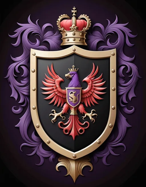 Prompt: family crest, sheild with A gaint oornate Sin the middle , high quality black red and purple background, classic style, flat, 2d