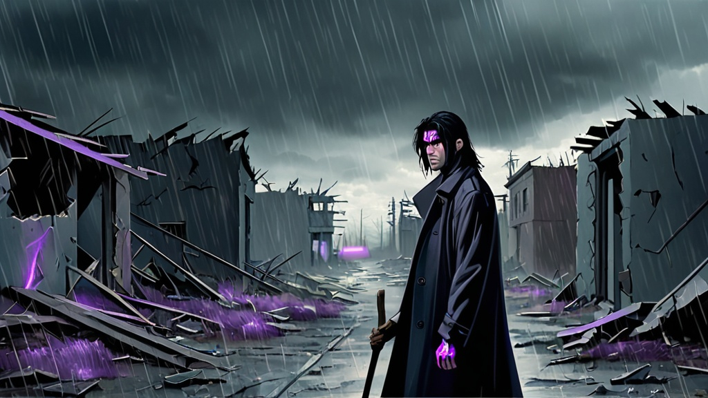 Prompt: A man with glowing purple eyes,long black hair, black trench coat, confused but serious facial expression. walking with a staff through post apocalyptic scene broken buildings and ruined suburban homes, darker blue grey sky and storm clouds very light rain. 